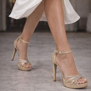 Gold Glitter Rhinestone Strappy Heels Size 8.5 Elegant Evening Platform Sandals